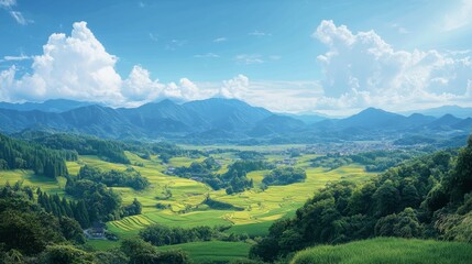 Obraz premium A panoramic view of the Japanese countryside, with lush green rice fields, rolling hills, and distant mountains.