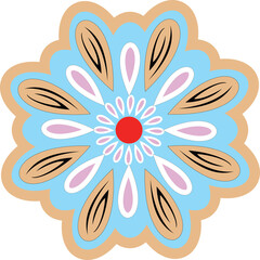 a blue and brown flower with a red center