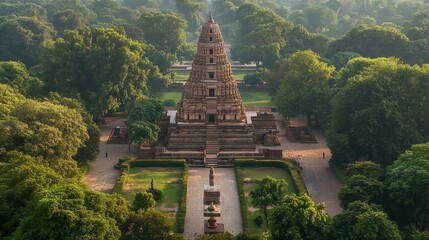 A panoramic view of the Mahabodhi Temple, where Buddha attained enlightenment, surrounded by lush greenery.