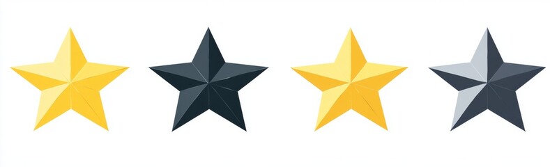 Obraz premium Set of modern 5 star rating icons with lighted yellow, golden, gray and black stars. Isolated flat illustration for reviews or feedback on a white background.