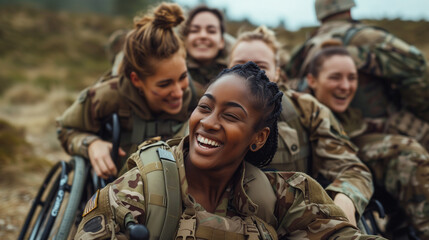 Joyful Happy Diverse Group of female only soldiers in Wheelchairs Capturing a Fun Selfie Together on a training session in wales on a sunny day Embracing Friendship and Inclusivity in the army. 