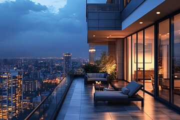 Plakat Luxurious penthouse balcony offers breathtaking views of the city skyline, illuminated by the warm glow of twilight as the cityscape transitions into night