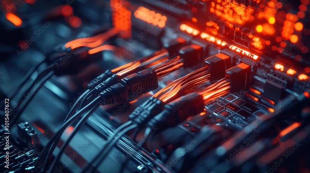 Poster detailed illustration showing digital data server with plexus elements in a dark room analyzing digi