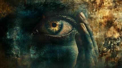 A striking, golden eye stares intensely from a textured, abstract background, exuding mystery and depth. 