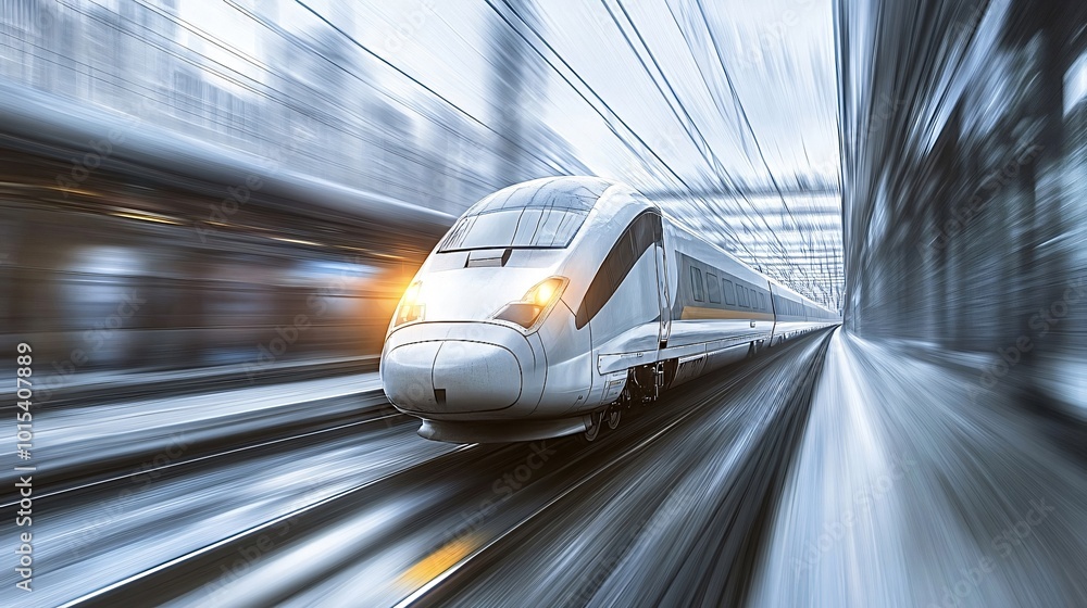 Aufkleber modern high-speed train speeds towards the platform, creating a dynamic blur effect. the abstract li