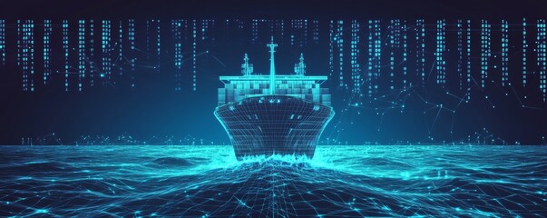 A blue tanker ship on a digital hi-tech futuristic background is a metaphor for global logistics tracking. A big data economy. AI VR holograms are integrated.