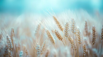 Fototapeta premium A wheat field on a sunny day, with clear skies and clouds in the background