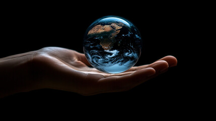 Earth floating gracefully above a hand, symbolizing humanity's responsibility to protect the planet. This visual encapsulates the delicate balance between nature and human impact