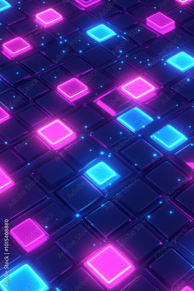 Poster a vibrant abstract pattern of glowing squares in blue and pink, creating a mesmerizing digital backg