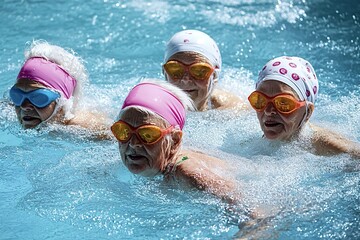 Four senior women swimming and staying active in a blue pool. Enjoying leisure time. Smiling. Having fun. Wearing vibrant bathing suits. Swim caps. And goggles. Promoting wellbeing. Vitality