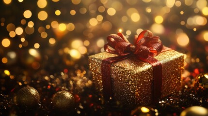Giftbox on golden blurred background. Christmas background
