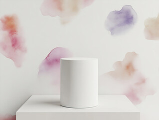 Weiße Säule auf Podest vor Aquarell-Tapetenhintergrund als Produkt-Präsentation Mock up – Elegantes Mockup für Kosmetik, Tassen, Haushaltswaren, Verpackungen