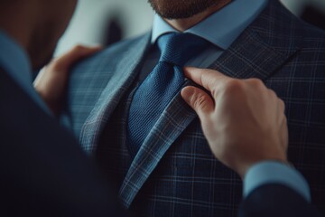 Tailor trying on a suit for an unidentified man