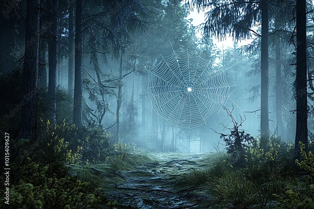 Aufkleber giant spiderweb is blocking a trail leading through a dark and misty forest, creating a spooky and m
