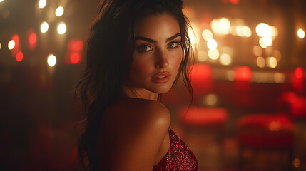 stylish, attractive female blackjack dealer, dressed elegantly, stands poised at an empty casino table. Her confident demeanor and alluring presence symbolize excitement and the allure of high-stakes 