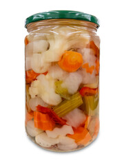 Pickled vegetables, pieces of celery, cabbage, peppers and carrots in brine in glass jar isolated