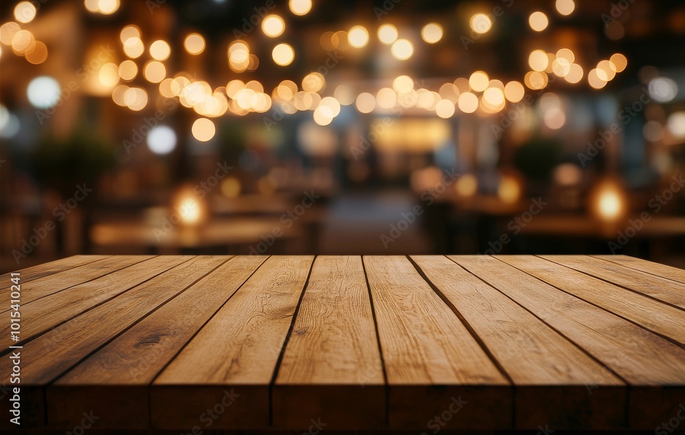 Poster decorative empty wooden table on rustic and blurred background of bar or pub. ideal for product disp