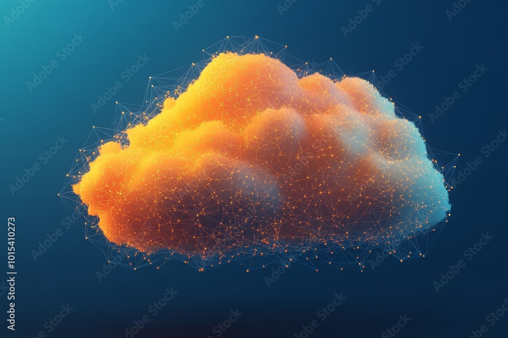 Poster icon of a large cloud in the center with internal connections in the cloud computing technology conc