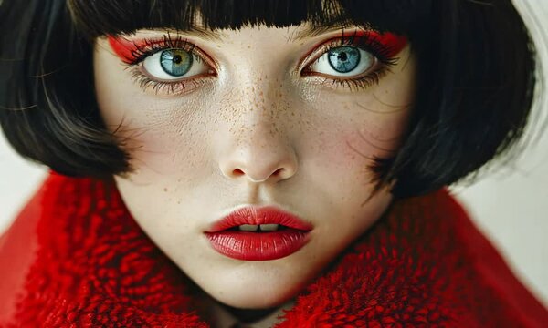 Portrait of a young beautiful woman with short bob hair and red make-up and lipstick Crash Zoom Video.