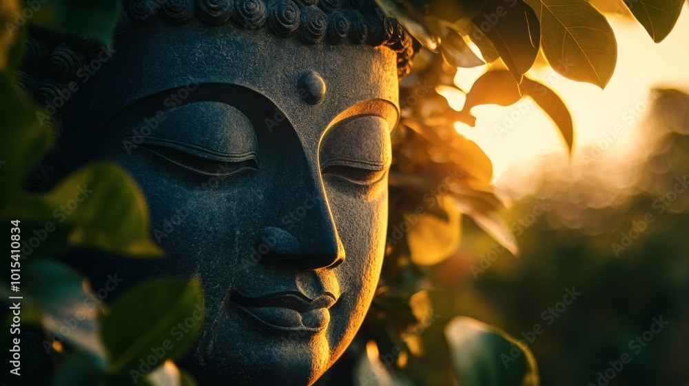 Wall mural a peaceful shot of a buddha statue face, framed by leaves and illuminated by soft sunlight.