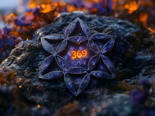 A six-pointed star with intricate patterns and the number 369 at its center, resting on a rocky surface surrounded by glowing embers. The star’s design blends natural elements with geometric precision