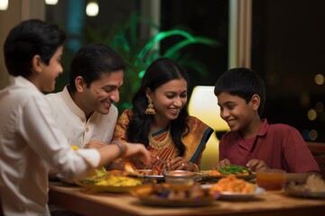 Indian family of four shares meal at home. Father reaches for dish, mother smiles, son looks up, daughter looks down. Cozy home atmosphere with plates of food, soup, noodles, vegetables. Warmly lit