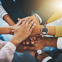 Hands, group and business people huddle for support, synergy or collaboration. Teamwork, closeup or...