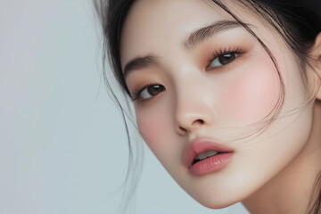 Naklejka premium close up portrait of a young korean woman with flawless makeup and a natural look