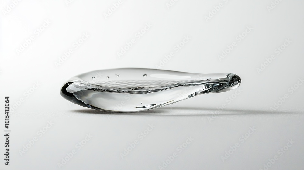 Poster a close-up image of a water droplet on a white surface with a faint reflection on its base