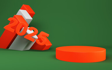 2025 new year digits with blocks and podium on green background