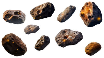 A set of nine unique meteorites with glowing elements, isolated on a transparent background. Perfect for science, astronomy, and space-themed projects.