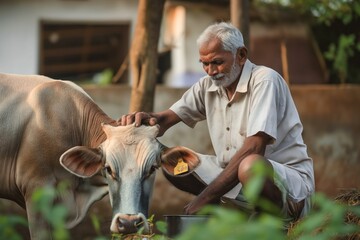 Indian farmer in rural setting gently petting brown cow with yellow. Man kneels on ground, hand on cow head, cow head resting on man knee. Wooden fence, green trees in background create peaceful