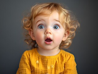 Surprised children's emotions. Portrait of a charming little girl, with her mouth open in surprise.