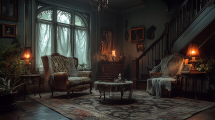 Obraz premium A dimly lit Victorian house with flickering lanterns, draped in spider webs over antique furniture, and ghostly figures peering from the windows