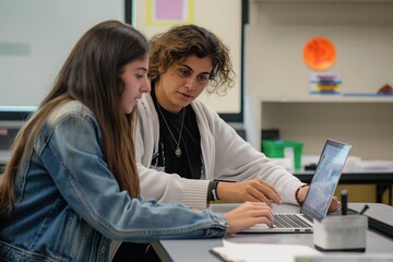 School students collaborate on laptop in classroom. Teenagers work on project with teacher assistance. African American, Caucasian students learn coding, e-learning. Woman teaches coding skills to