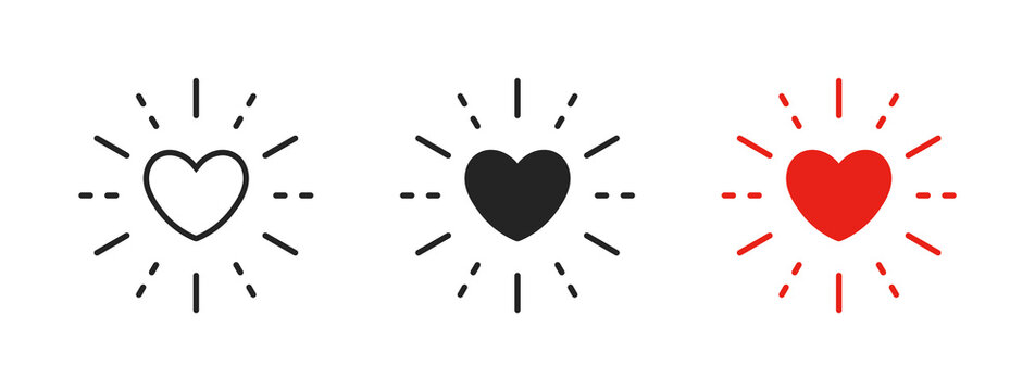 heart glowing icon set, exploding heart icon with lines. Shining heart web vector icon