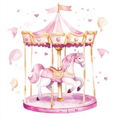 Watercolor baby carousel. High quality photo of a hand drawn cute illustration. .