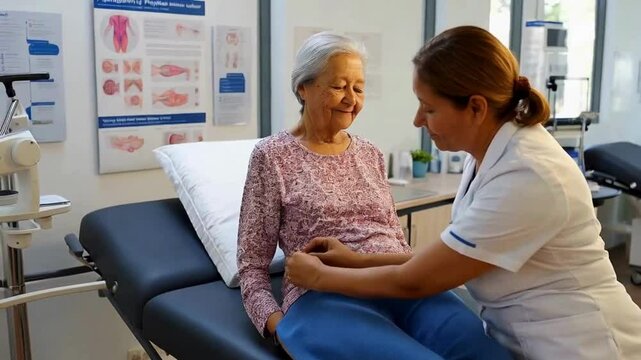 A senior citizen is given a shoulder massage by a qualified physiotherapist while she is comfortably seated on a treatment table in a contemporary physical therapy office.