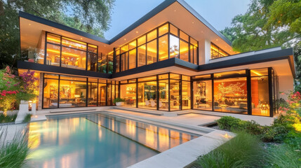 Fototapeta premium A modern house with a swimming pool, lit up at dusk.