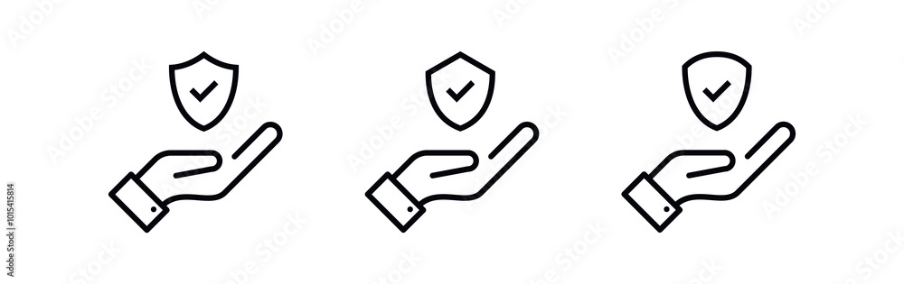 Poster Hand shield check mark icon or security shield protection icon with tick symbol on palm hand. web vector icon. editable stroke