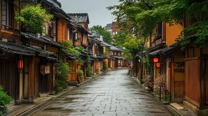 Fototapeta premium A quiet street in a historic district of Japan, lined with traditional wooden machiya houses and small shops.