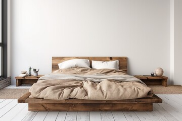 Wooden bed in modern Scandinavian bedroom design. Dark wood headboard and footboard, white comforter, beige blanket, beige carpet. Small table, lamp on floor, natural light through window.