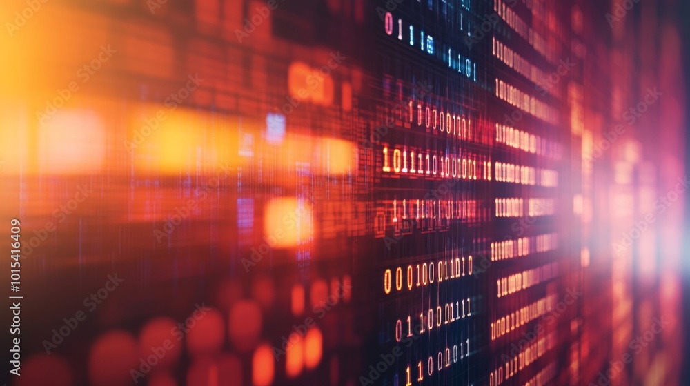 Fototapete A close-up perspective reveals an LED display illuminated with colorful binary code, evoking a futuristic digital environment and emphasizing data security themes