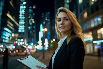 Fototapeta premium The young businesswoman stands confidently in front of the corporate building. High quality stock photo.