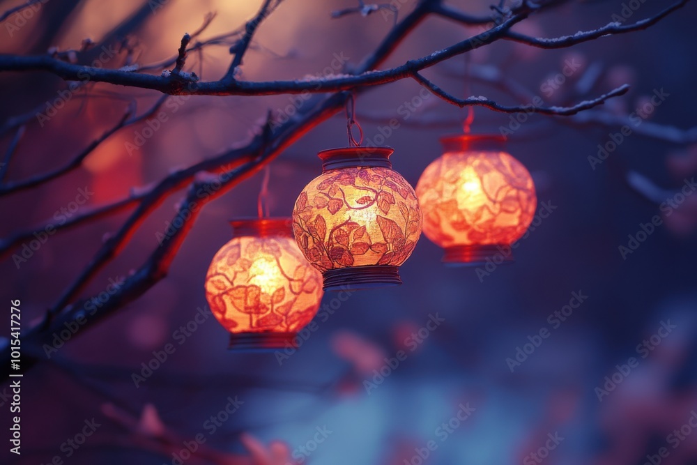 Poster glowing lanterns on tree branches at twilight creating an enchanting atmosphere