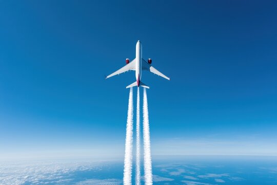 Airplane flying high, leaving vapor trails against a clear blue sky.