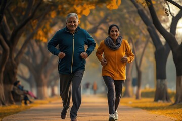 Obraz premium Man and woman jogging on park path. Blue jacket, gray pants, yellow jacket. Autumn leaves on ground. Lush trees. Low-angle shot. Happy senior couple exercising, smiling, in fitness activity.