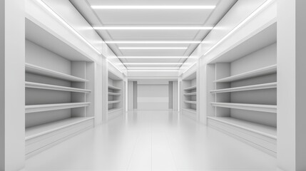 Fototapeta premium A 3D rendering of a supermarket interior with shelves.