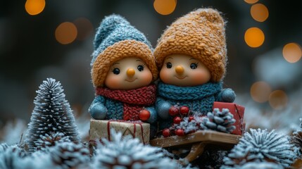 Cute Christmas toy couple in warm knitted hats and scarves with fir tree and gift boxes on bokeh background. Two cute little snowmen in knitted hats on the background of the Christmas tree