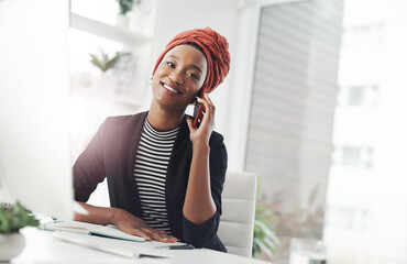 Business, computer and of African woman on a phone call for talking, communication and contact in...